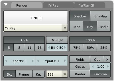 Yafray raytracer selection and its two sub-tabs.