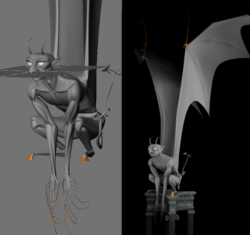 Solid view (left) and final rendering (right) of the Gargoyle.