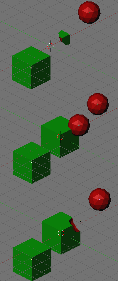 Resulting objects for: intersect, union, difference (top to bottom).