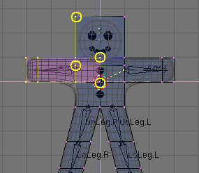 Gus in EditMode with all the vertices of group Arm.R selected.